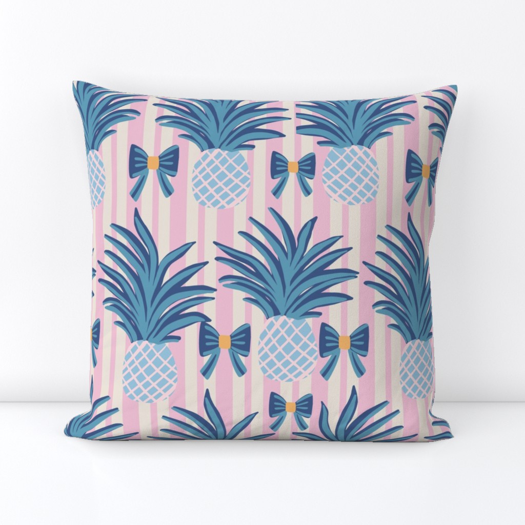 L- Tropical Blue Pineapple with fancy Bows on vertical pink cream stripes