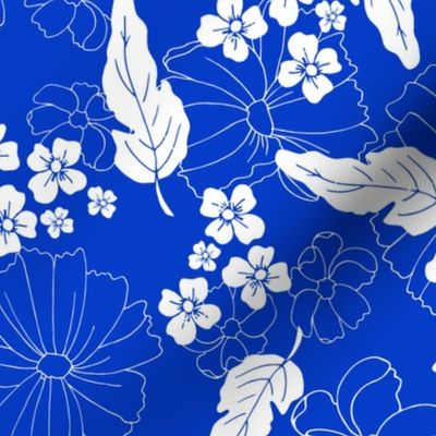 White flowers and leaves whimsical on Cobalt Blue background