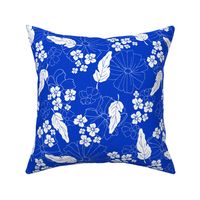 White flowers and leaves whimsical on Cobalt Blue background