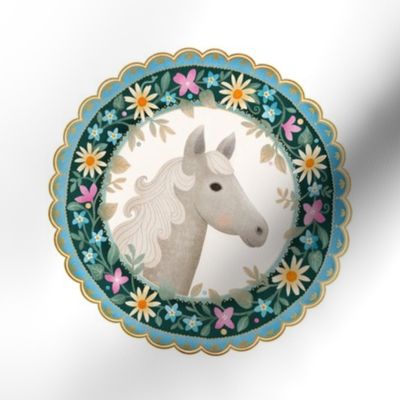 Horse In Floral Frame - Gray - Embroidery Template