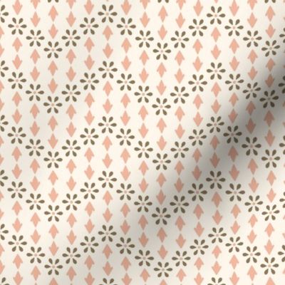 Zig-zag tiny flowers and leaves in melon pink and white - medium