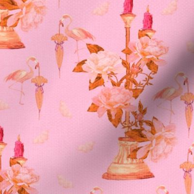 Orange Pink Fantasy Flamingos and Peonies Eye Catching Abstract Floral Elements, Whimsical Birds and Flowers, Crazy Bold Botanicals, Imaginative Floral Fantasy, Rosy Pink Hues, Flamingo Character Animals Decorative Flamingo Birds Crazy Elegant Fantasy 