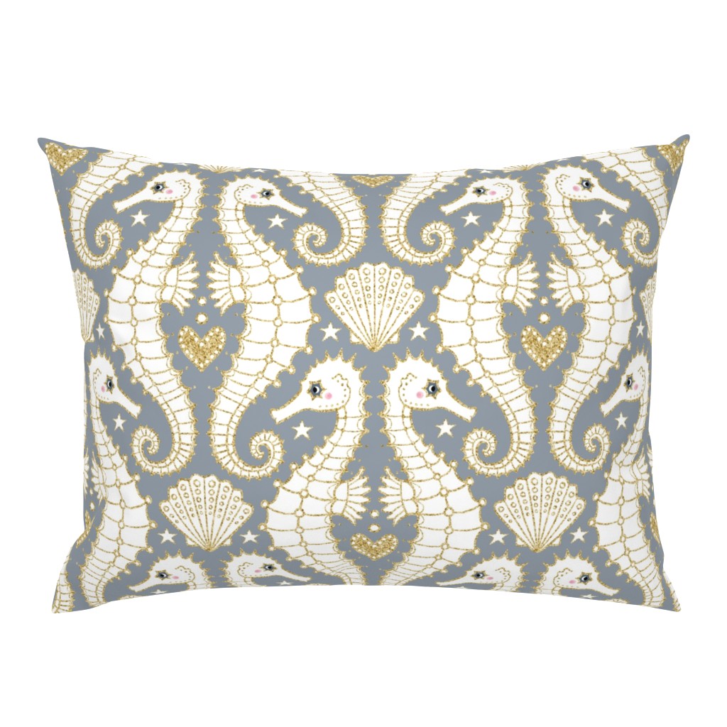 XL / White and Gold Art Deco Seahorse on Slate Blue