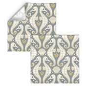 XL / White and Gold Art Deco Seahorse on Slate Blue