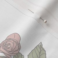 Coquette Dusty Pink Roses and bows with Sage green leaves stripe on white