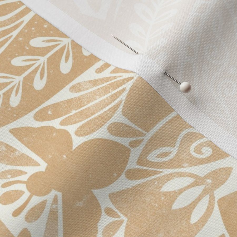 damask Spring tulips art nouveau birds bees gold brown white beige buff