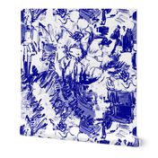 Cobalt Blue White Floral Abstract Drawing