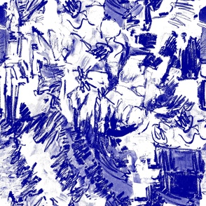 Cobalt Blue White Floral Abstract Drawing