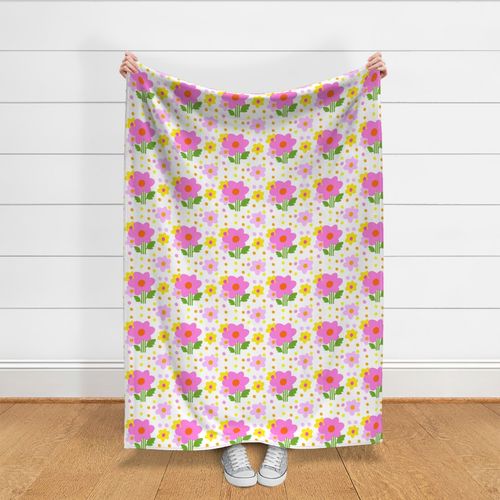 Denim And Daisy Dots Pink Orange Retro Modern Scandi Cheerful Flower (S)