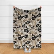 Modern minimalist large Poppy line art fabric in cream caramel beige black