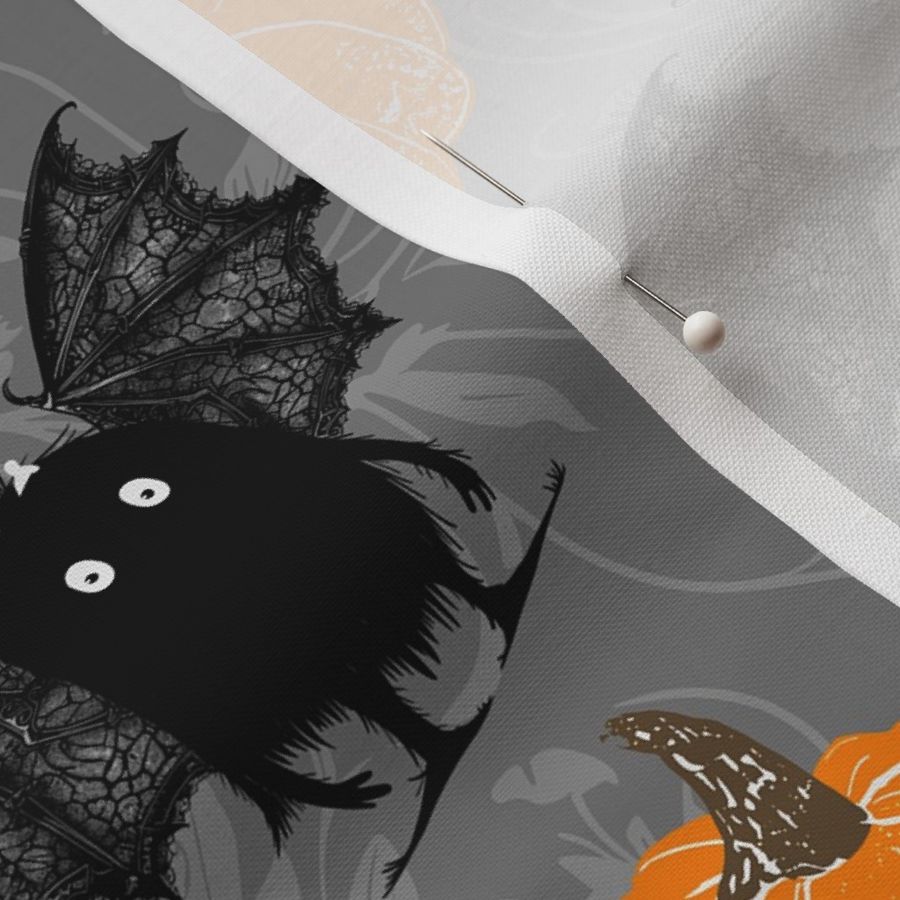 cute halloween monster with a little bone and black lace wings on shades of grey spooky flowers - medium scale 