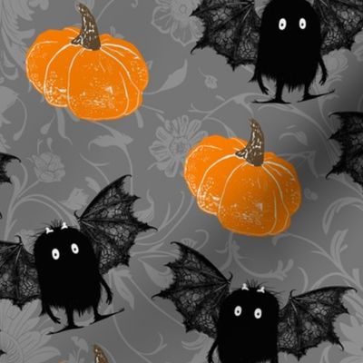 cute halloween monster with a little bone and black lace wings on shades of grey spooky flowers - medium scale 