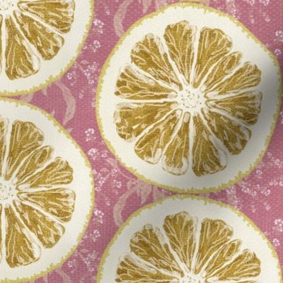 Pink Yellow Hand Painted Lemons Thyme Sprig Zesty Citrus Grapefruits Food Lover Kitchen Decor, Culinary Fruit Fresh Herbs Cottage Garden Dinner Party Country Style Yellow Lemons, Cottagecore Chefs Cooking Fun Citrus Lemon Zest Foodie Tablecloth Linen