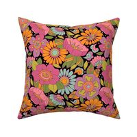 Revised Bohemian Garden. Maximalist Floral. Big Flowers. Colorful. Wallpaper. Black Background.