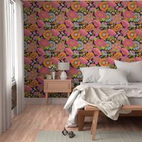 Revised Bohemian Garden. Maximalist Floral. Big Flowers. Colorful. Wallpaper. Black Background.