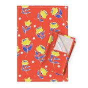 Half drop Hand drawn abstract blooming florals - flowers - in bold Electric Blue Yellow Scarlet Red white