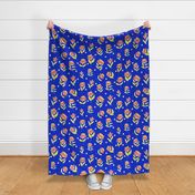 Half drop Hand drawn abstract blooming florals - flowers - in bold Electric Blue Yellow Scarlet Red white