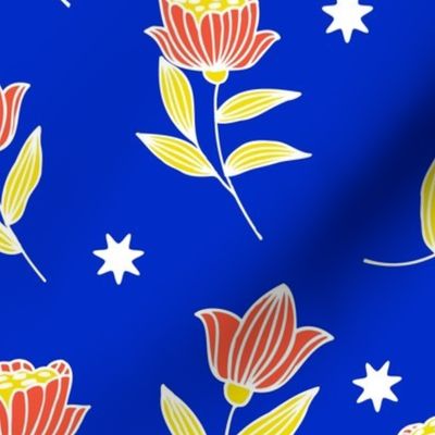 Half drop Hand drawn abstract blooming florals - flowers - in bold Electric Blue Yellow Scarlet Red white