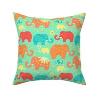 Elephants in vacation. floral elephnts on green background