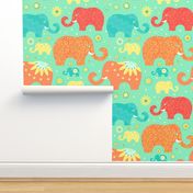 Elephants in vacation. floral elephnts on green background