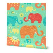 Elephants in vacation. floral elephnts on green background