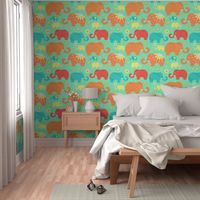 Elephants in vacation. floral elephnts on green background