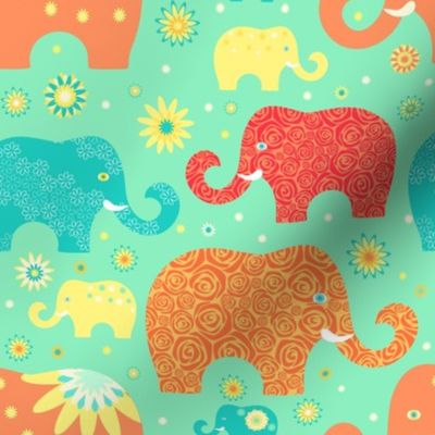 Elephants in vacation. floral elephnts on green background