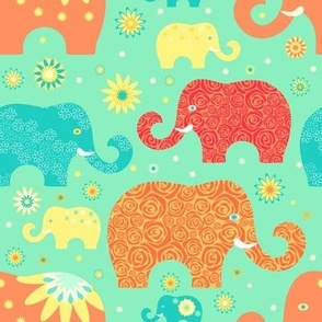 Elephants in vacation. floral elephnts on green background