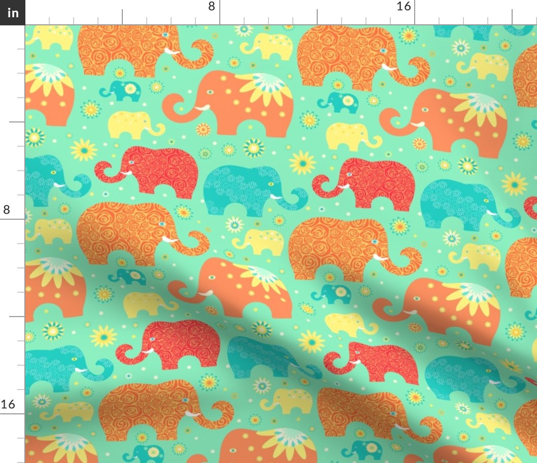 Elephants in vacation. floral elephnts on green background