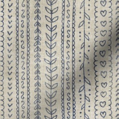 French Country Shabby Chic Ticking - navy blue on tan, medium 