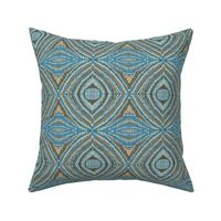 Small  handdrawn gloaming mark making symmetrical, mirrored Ikat effect in neutral blues