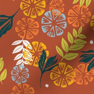 Southern Charm Floral Pattern - Vibrant Botanical Design on Rusty Orange