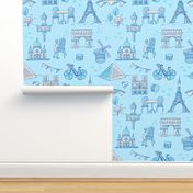 Paris Landmarks with Eiffel Tower, Louvre, Montmartre and Macarons blue | medium