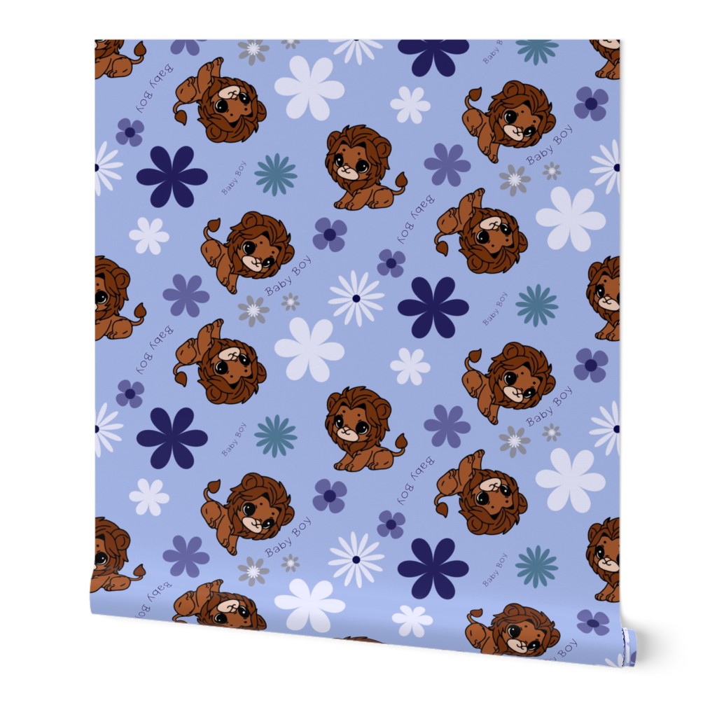 Baby Boy Lion and Blue Flowers Blue Background