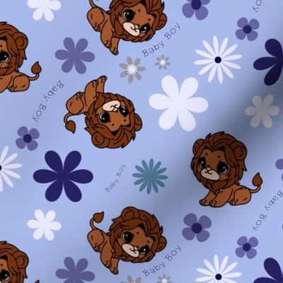 Baby Boy Lion and Blue Flowers Blue Background