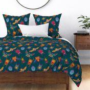 Beetle wonderland in multicolored palette in deep blue background