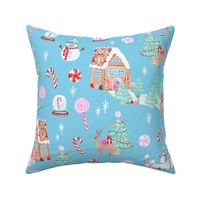 Watercolor Christmas winter Candy gingerbread fabric on Blue background