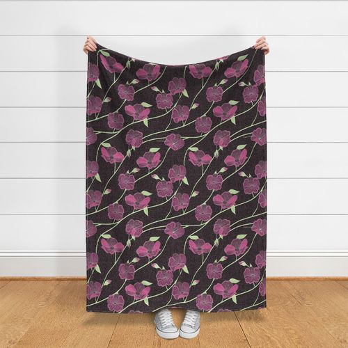 Morning Glory Flowers on Linen Look Dark Pink