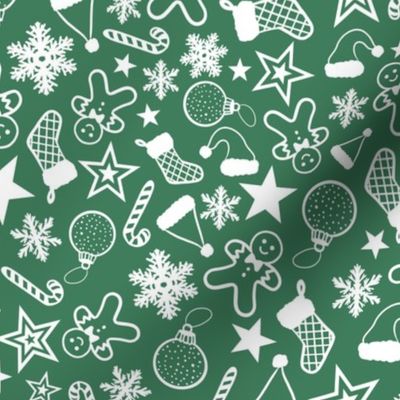 Cute Christmas Doodles Monochromatic Lineart Cartoon Style Green Background copy