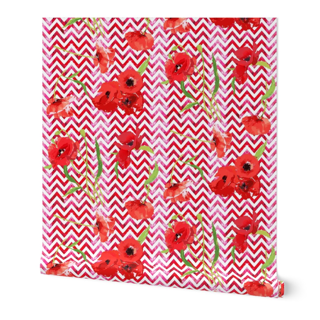 red watercolor chevron and poppies smaller scale