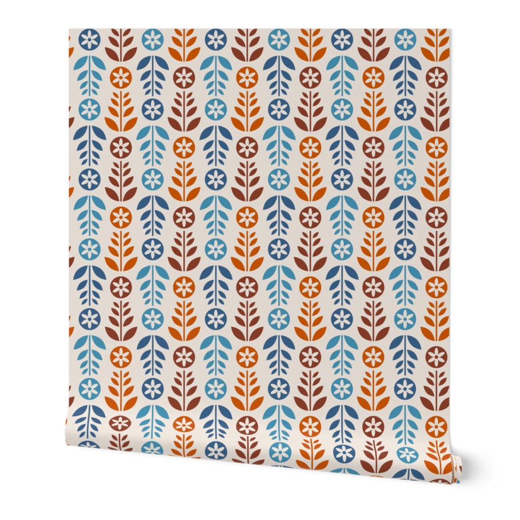 XS - Scandinavian Retro Flowers Blue Orange Umber