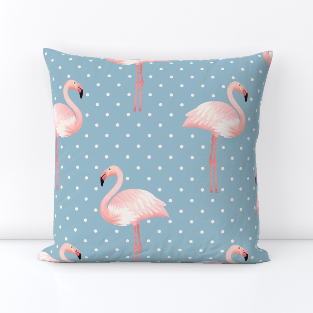 L - Preppy Flamingos - Blush Feathers on Sky Blue