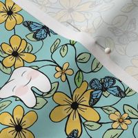 Tooth Toile Flutter Yellow /  blue  on soft muted aqua blue  med  Dental design       