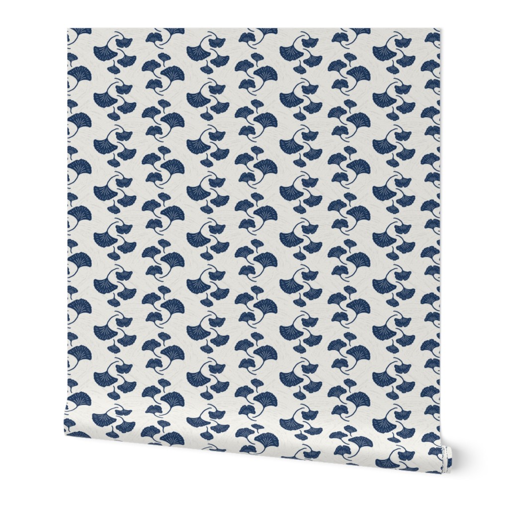 Falling Gingko Leaves Navy Blue on White Small Scale