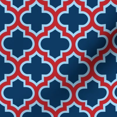 Latticework - Quatrefoil - Moroccan Trellis - Red And Blue Navy Background 20"