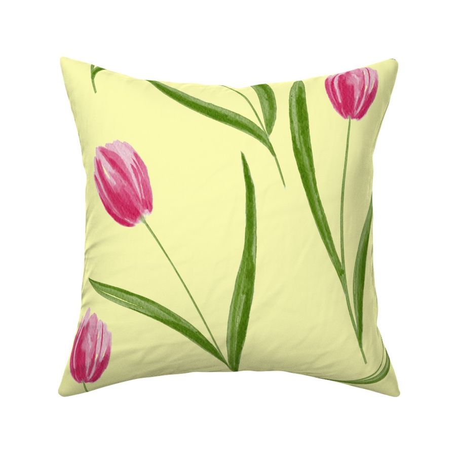 Watercolor Pink Tulips with leaves on light yellow background 