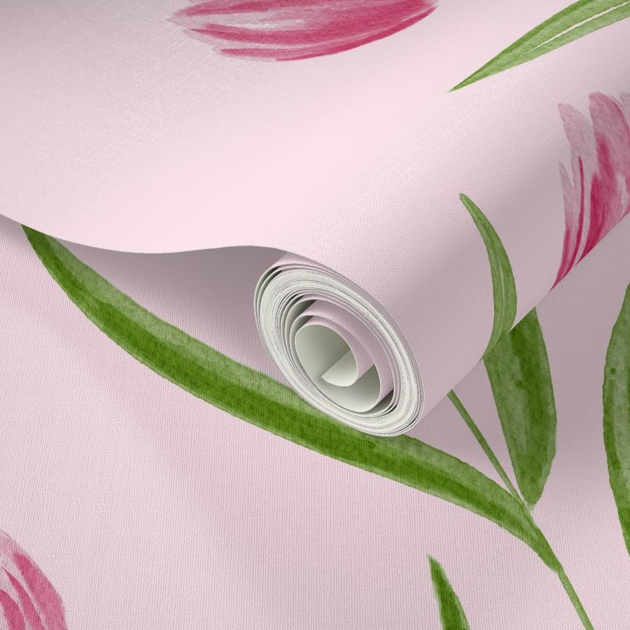 Watercolor Pink Tulips with leaves on baby pink background 