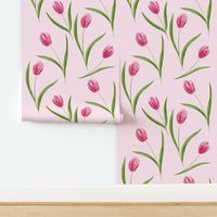 Watercolor Pink Tulips with leaves on baby pink background 