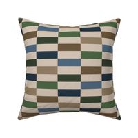 offset stripes, broken stripes, forest green, slate blue, brown, tan, beige, geometric, bricks