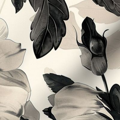 Black And White Sepia Off White Florals Linen Black Flower Maximalist